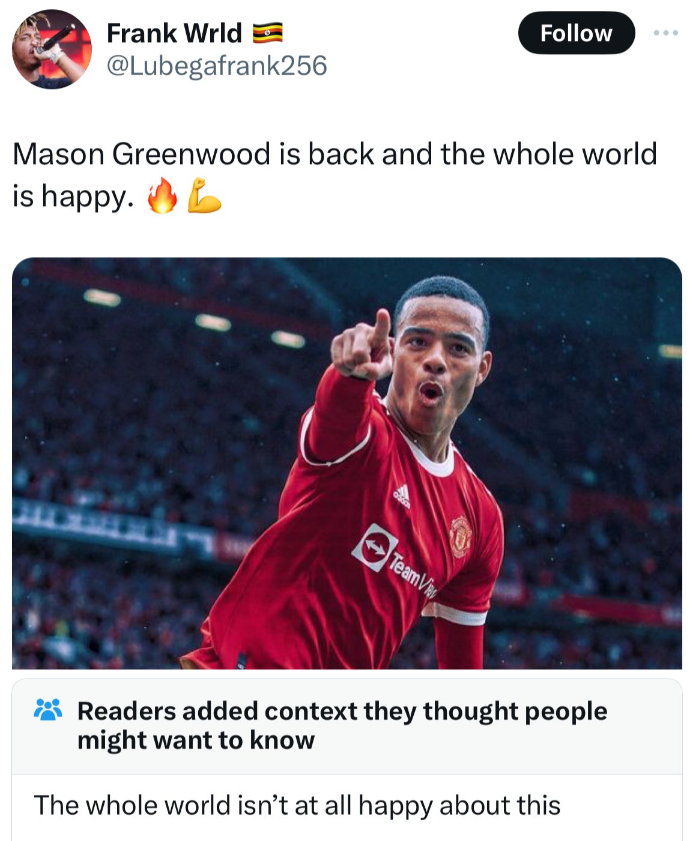 Frank Wrld Mason Greenwood is back and the whole world is happy. L TeamVi Readers added context they thought people might want to know The whole world isn't at all happy about this